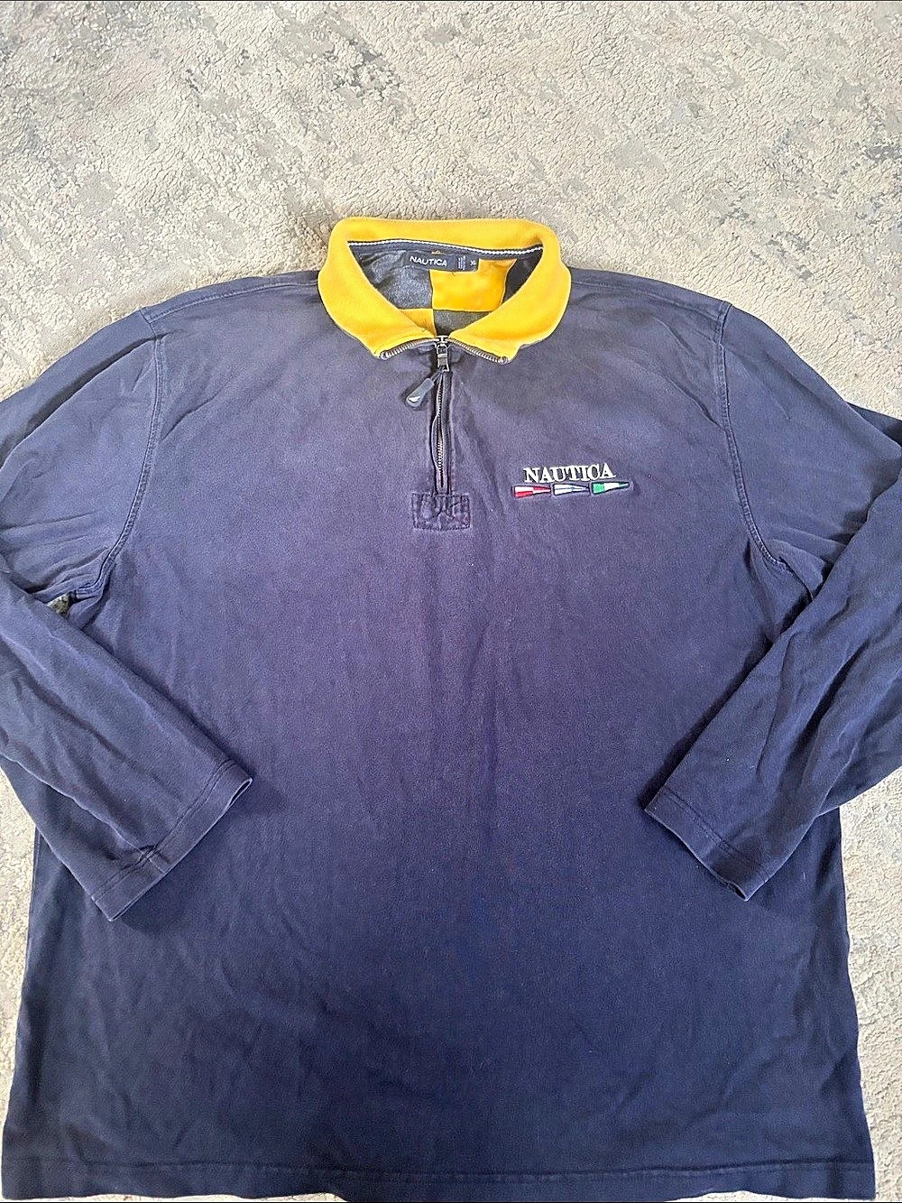 90s VTG Nautica Flag Logo Zip Polo Shirt Men's Long Sleeve Polo Blue & YelOW